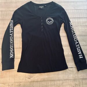 Women’s Harley-Davidson Black Long Sleeve Henley with White Logo Sleeves